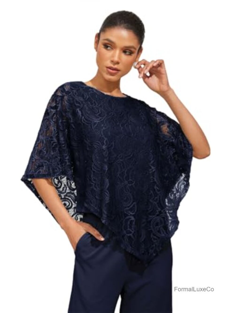 Lace Poncho Top Batwing Sleeve Flowy Asymmetrical Hem Casual Blouse